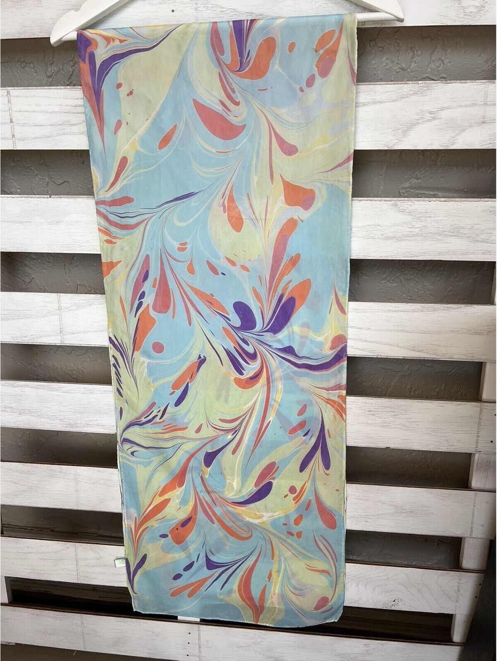 Women's Silk Rectangle Pastel Blue Orange Scarf Size 68”x14”